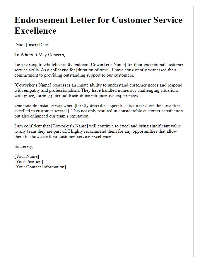 Letter template of endorsement for a coworker's customer service excellence