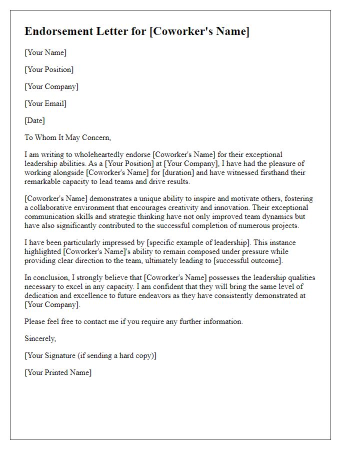 Letter template of endorsement for a coworker's leadership abilities