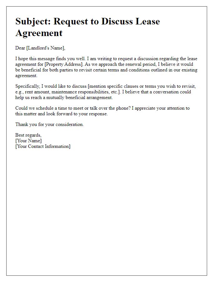 Letter template of discussion to revisit lease agreement with landlord