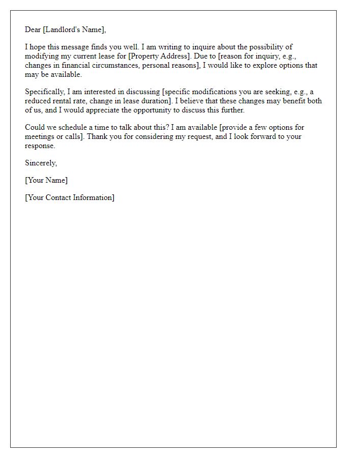 Letter template of inquiry about lease modification options with landlord