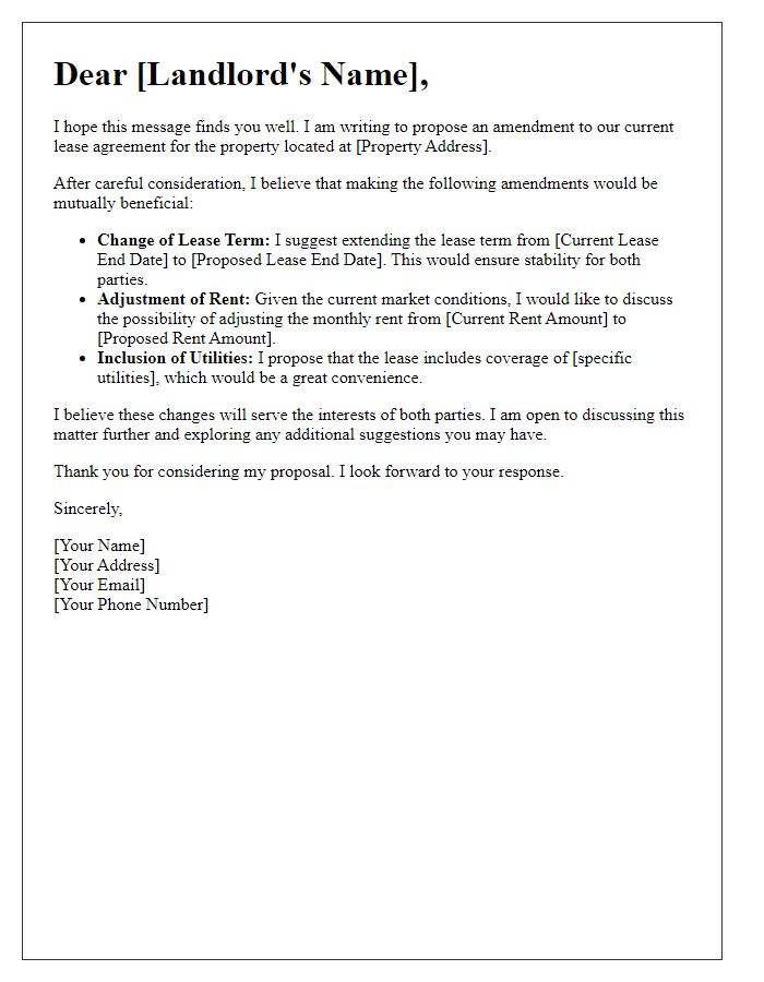 Letter template of suggestion for lease amendment with landlord