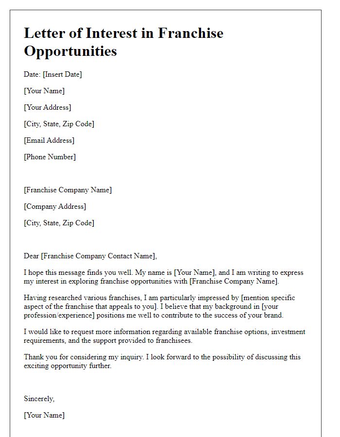 Letter template of desire to explore franchise options