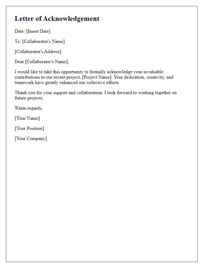 Letter template of acknowledgement for a team collaborator