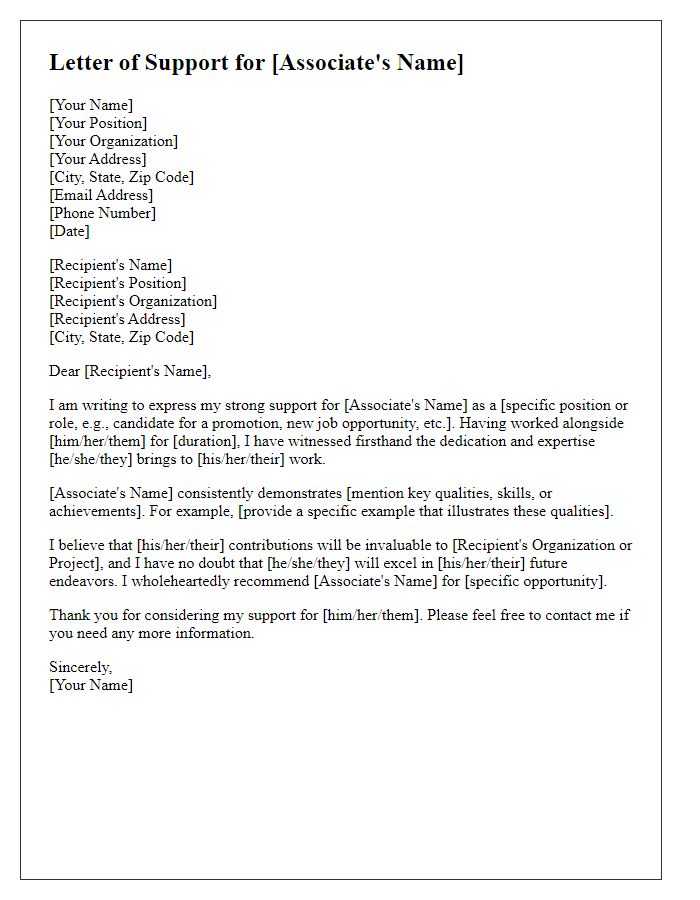 Letter template of support for a professional associate