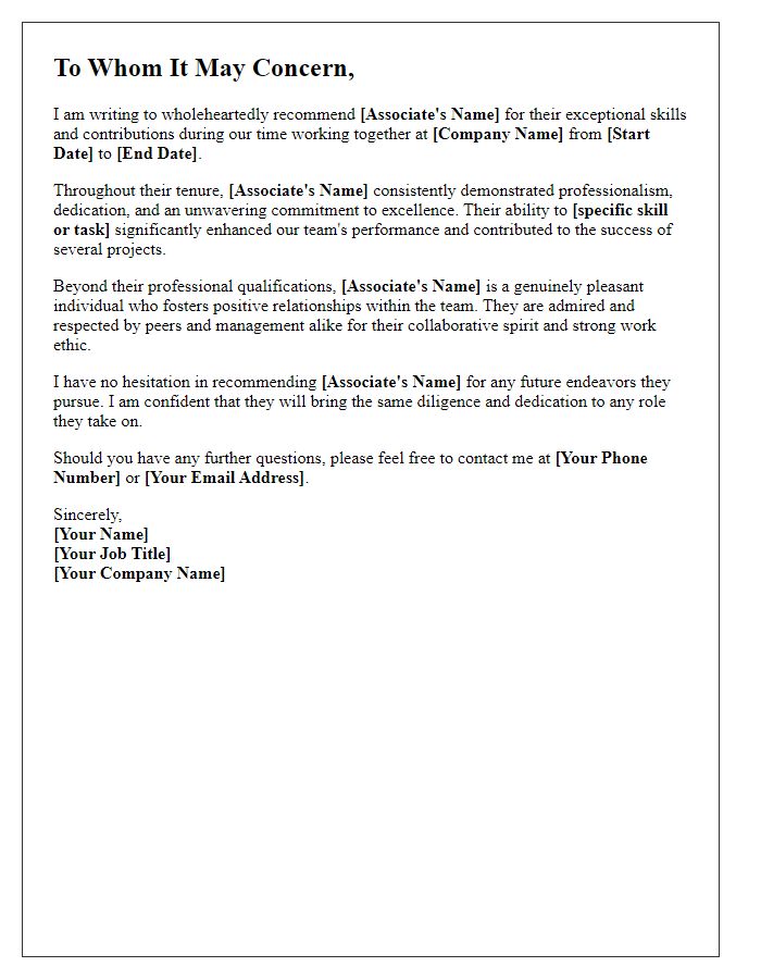 Letter template of testimonial for a work associate