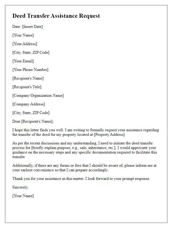 Letter template of assistance for deed transfer request