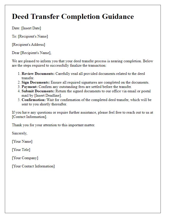 Letter template of guidance for deed transfer completion