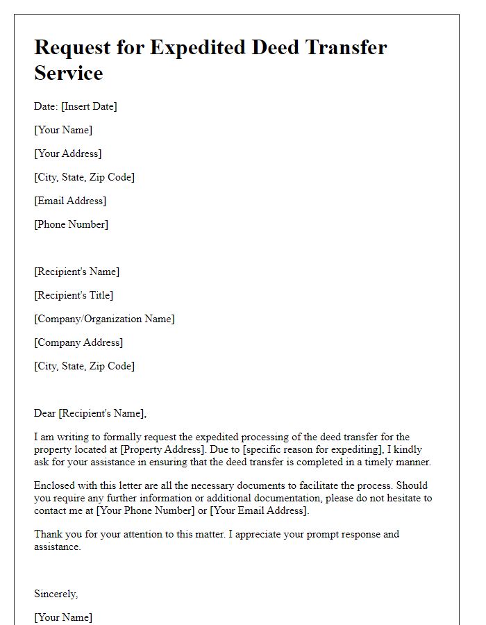 Letter template of request for expedited deed transfer service