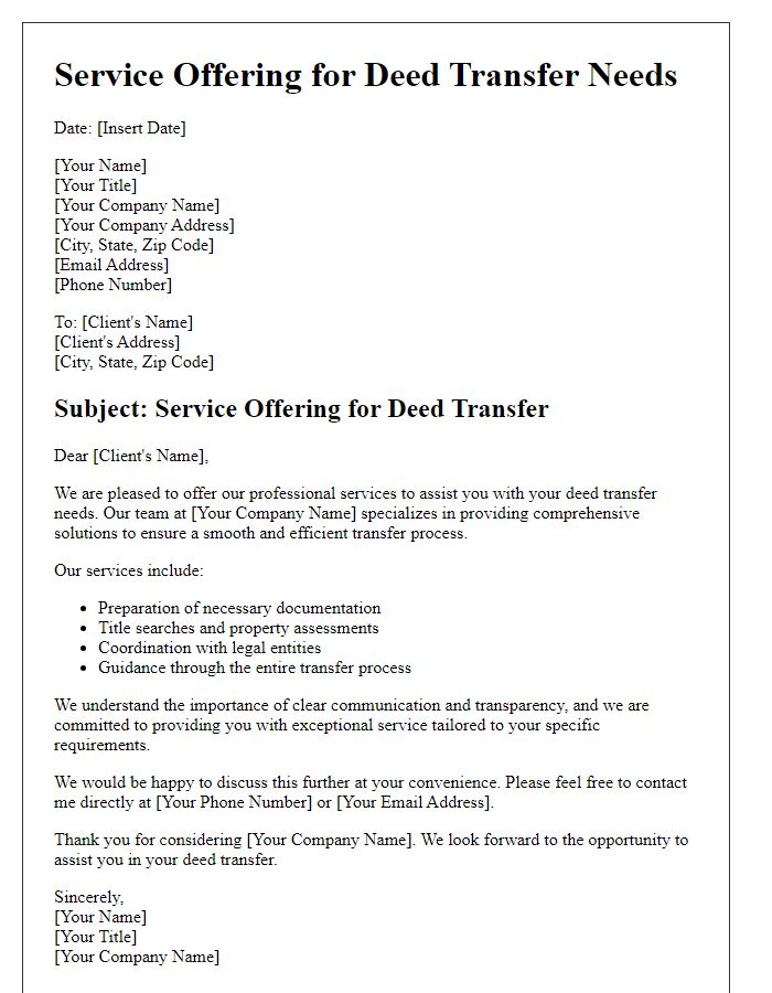 Letter template of service offering for deed transfer needs