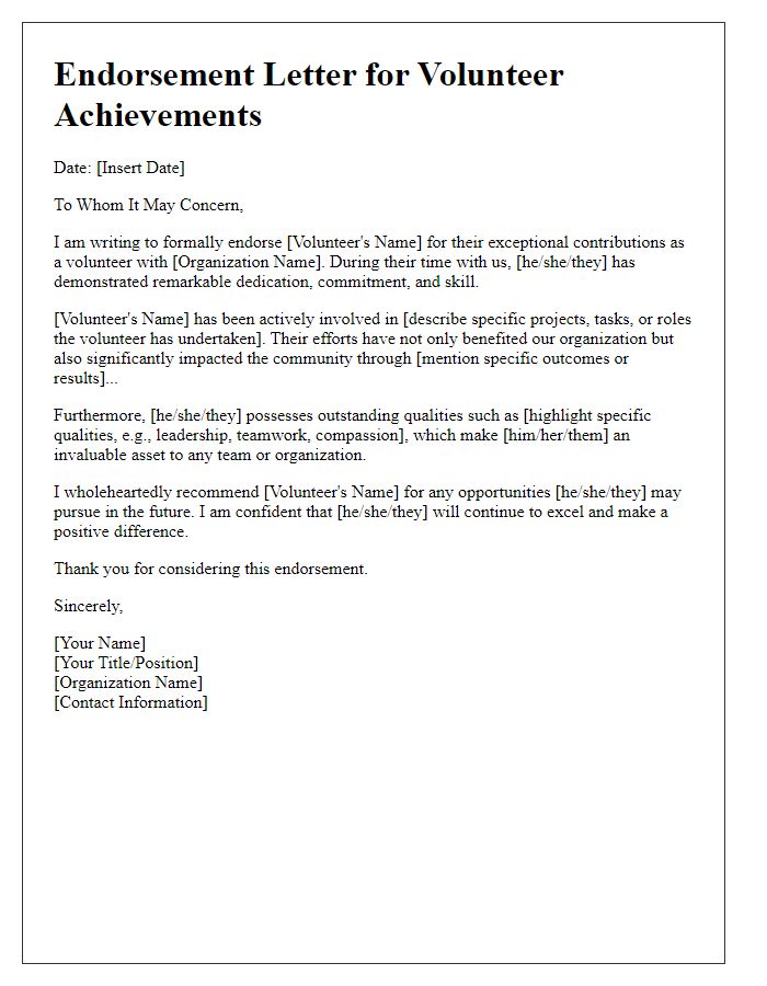 Letter template of endorsement for volunteer achievements