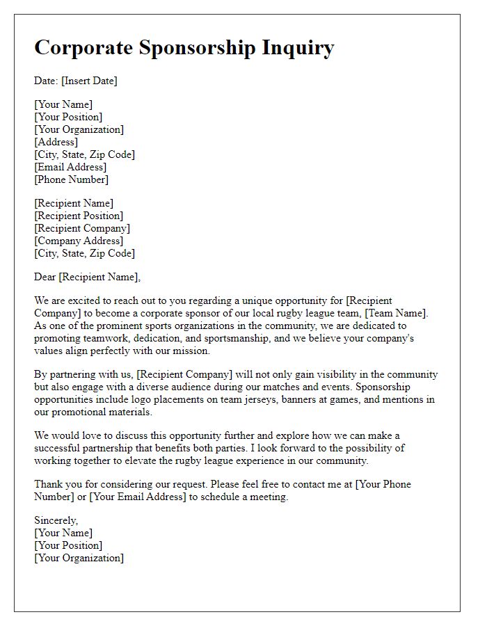 Letter template of corporate sponsorship inquiry for rugby league