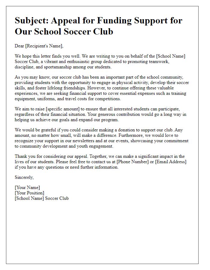 Letter template of funding appeal for school soccer club