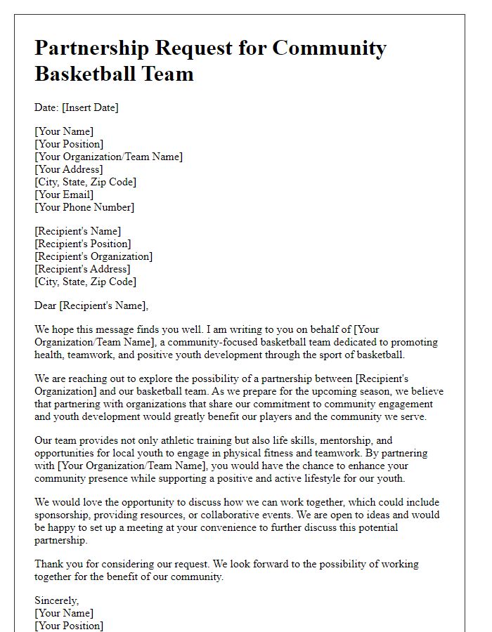 Letter template of partnership request for community basketball team