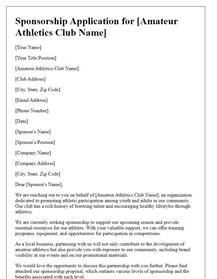 Letter template of sponsorship application for amateur athletics club