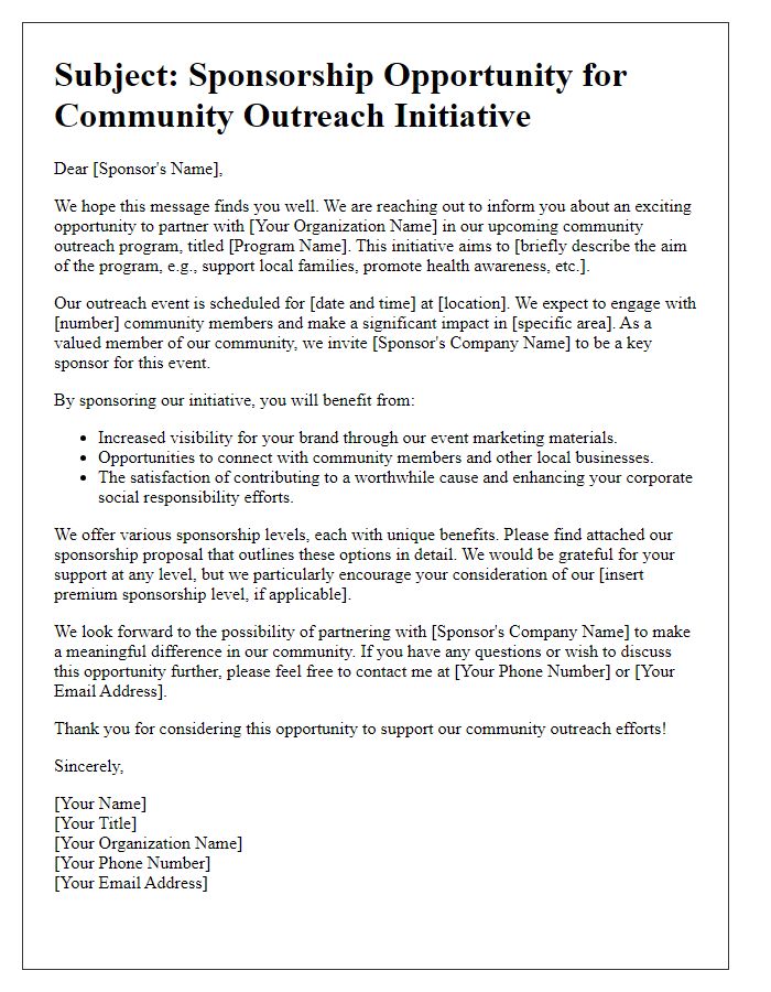 Letter template of sponsorship opportunity for community outreach