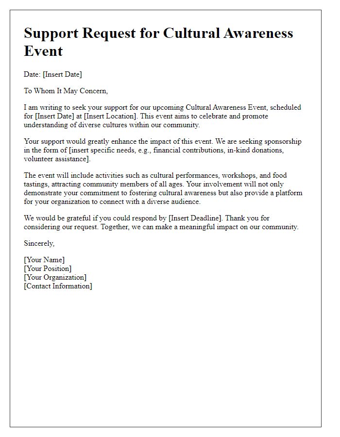 Letter template of support request for cultural awareness event