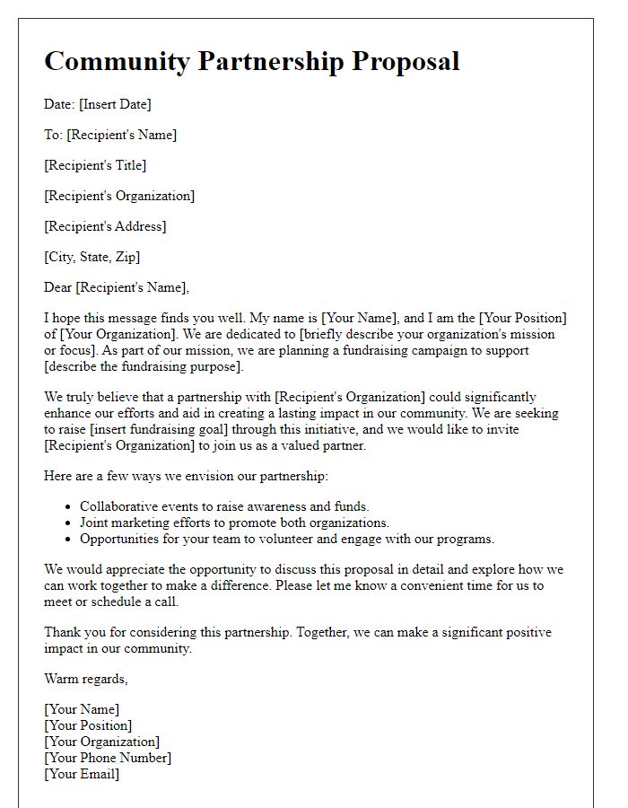 Letter template of community partnership proposal for fundraising.