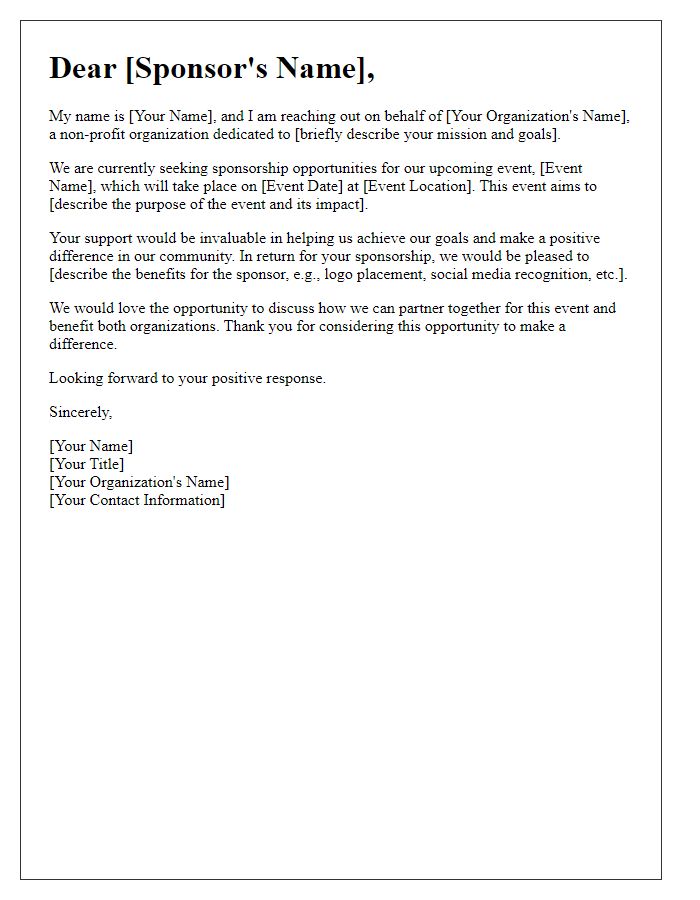 Letter template of non-profit organization sponsorship inquiry.