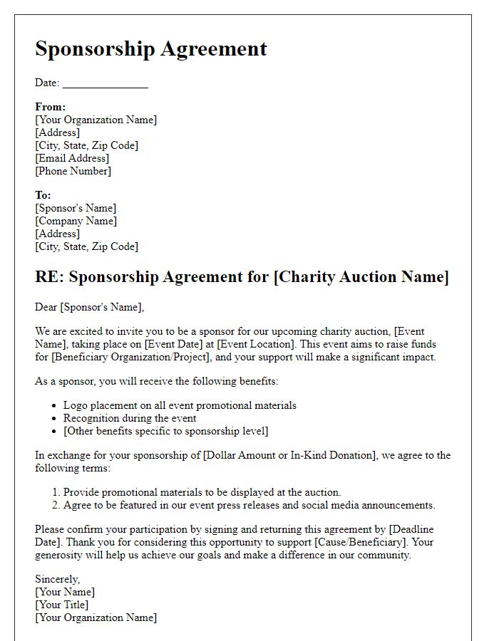 Letter template of sponsorship agreement for charity auction.