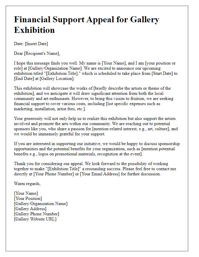 Letter template of financial support appeal for gallery exhibition