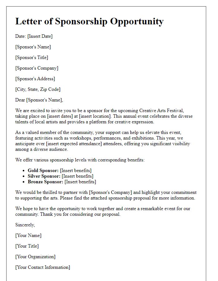 Letter template of sponsorship opportunity for creative arts festival