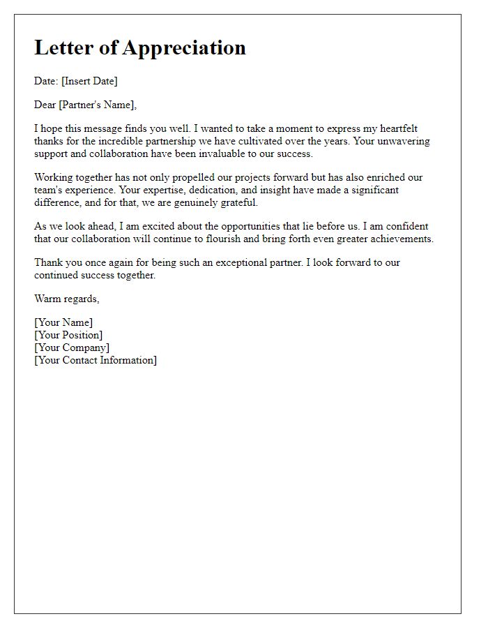 Letter template of heartfelt thanks for your partnership