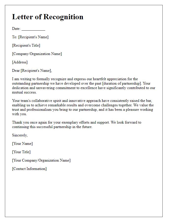 Letter template of recognition for outstanding partnership