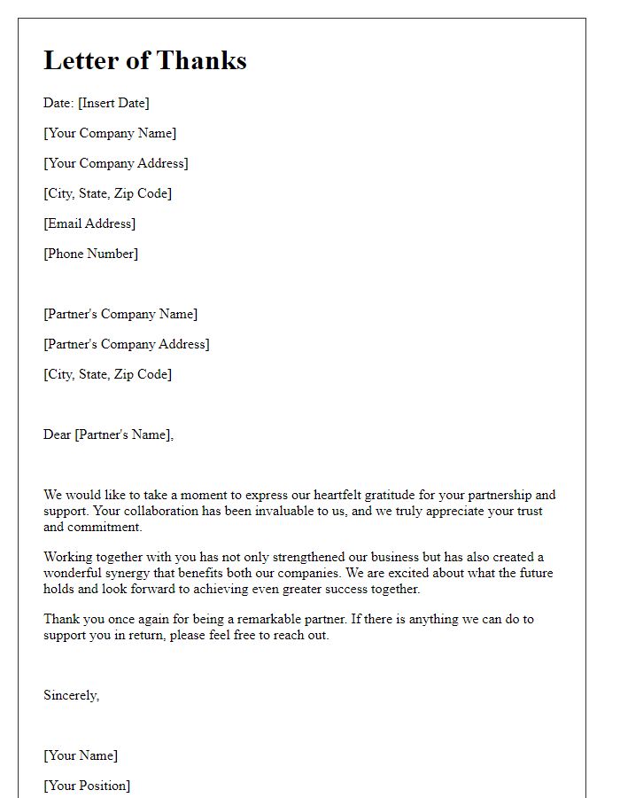 Letter template of thanks to our esteemed partners