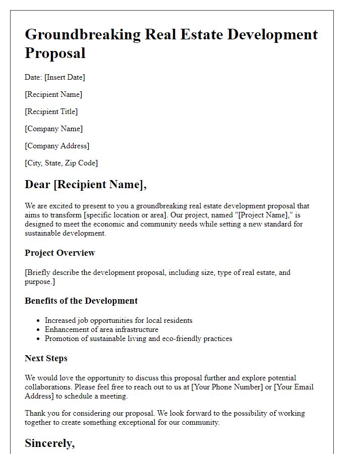 Letter template of groundbreaking real estate development proposals.