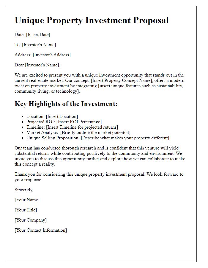 Letter template of unique property investment concepts.