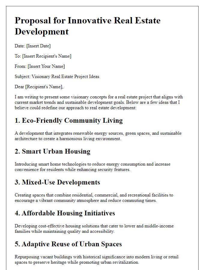 Letter template of visionary real estate project ideas.