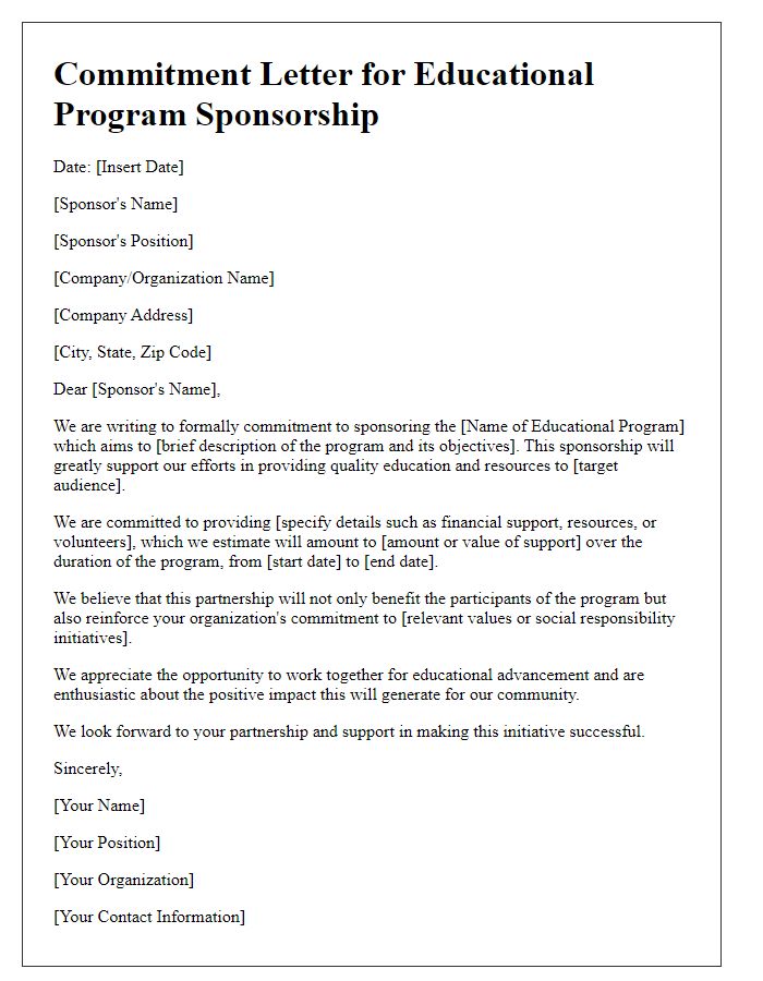 Letter template of commitment for educational program sponsorship