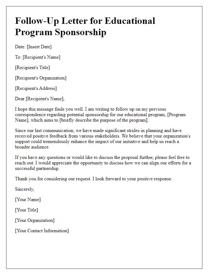 Letter template of follow-up for educational program sponsorship