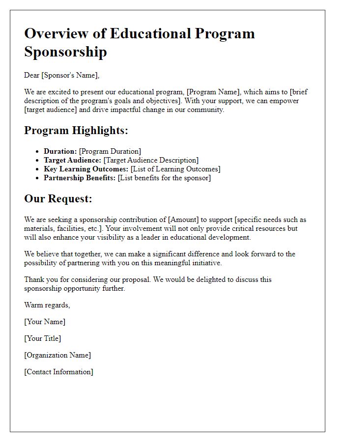 Letter template of overview for educational program sponsorship