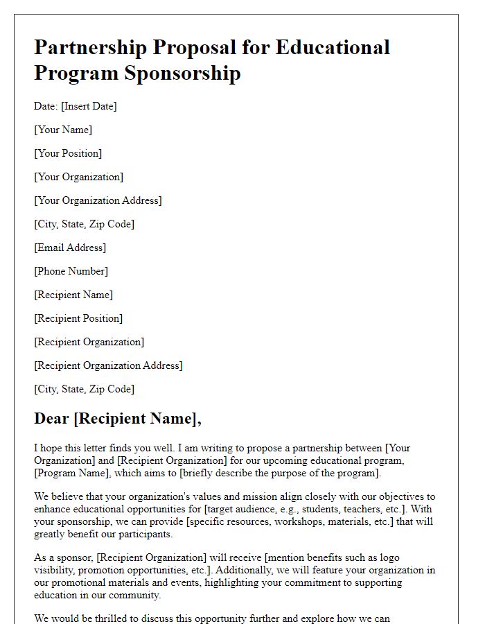 Letter template of partnership for educational program sponsorship