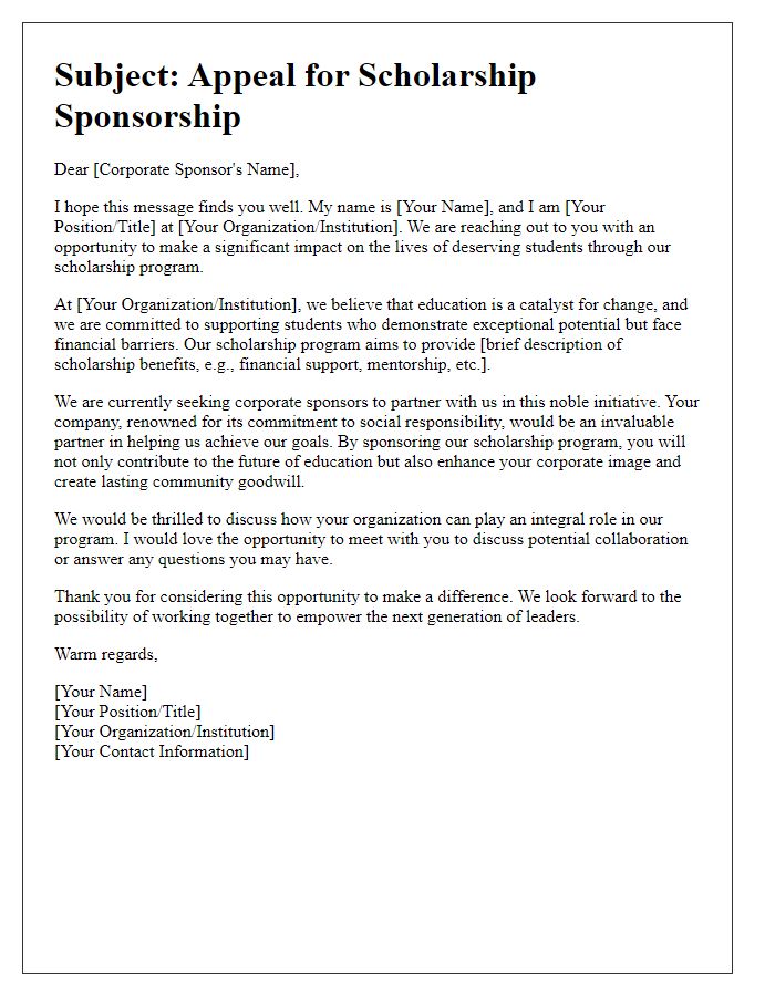 Letter template of scholarship sponsorship appeal for corporate sponsors.