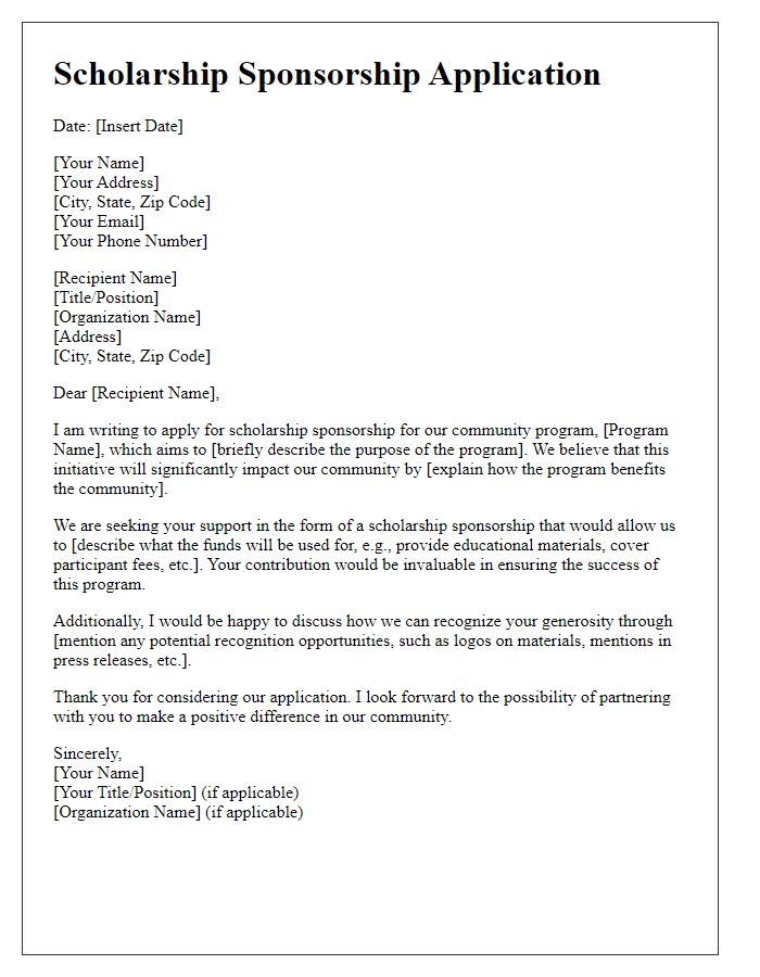 Letter template of scholarship sponsorship application for community programs.