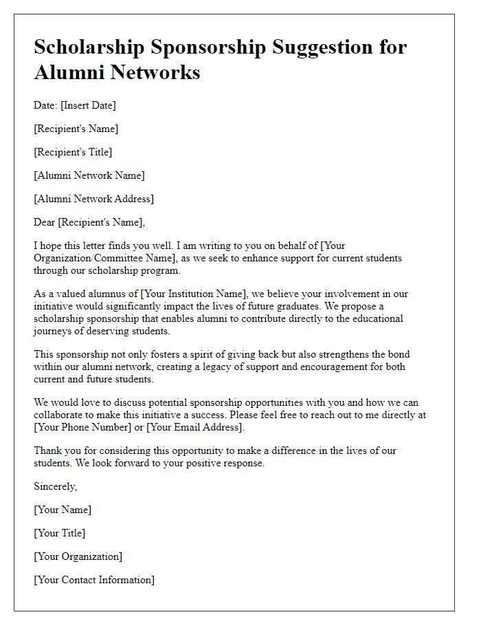 Letter template of scholarship sponsorship suggestion for alumni networks.