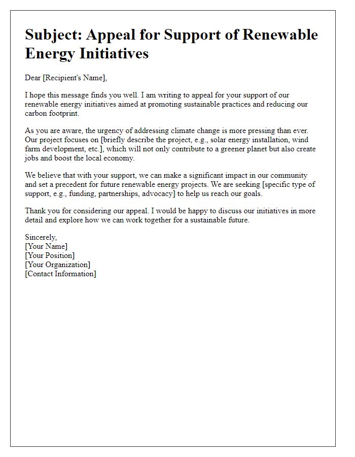 Letter template of appeal for renewable energy initiative support