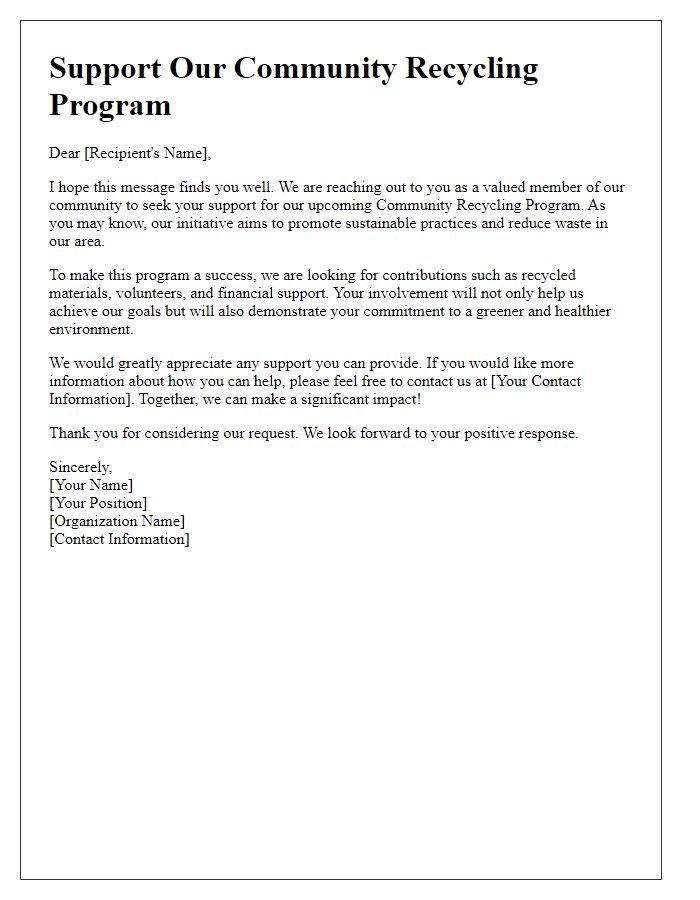 Letter template of solicitation for community recycling program support