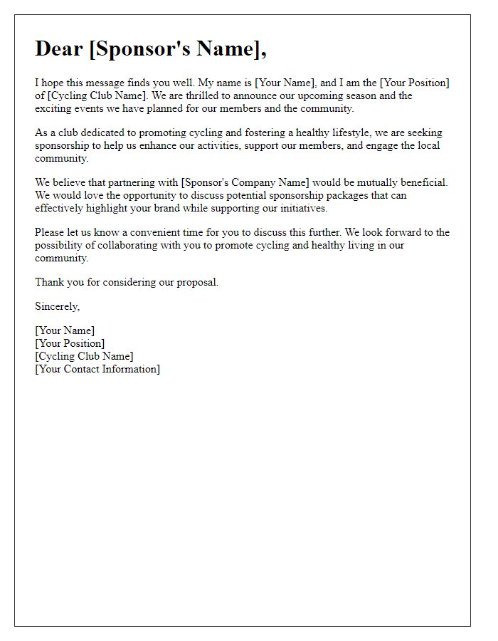 Letter template of cycling club sponsorship discussion