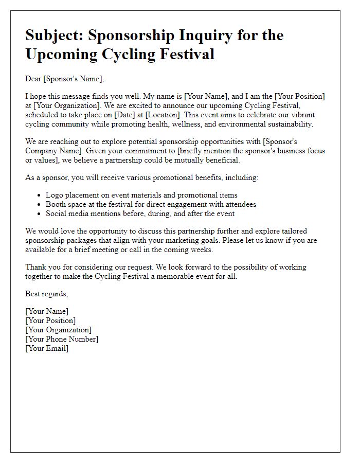 Letter template of cycling festival sponsorship inquiry