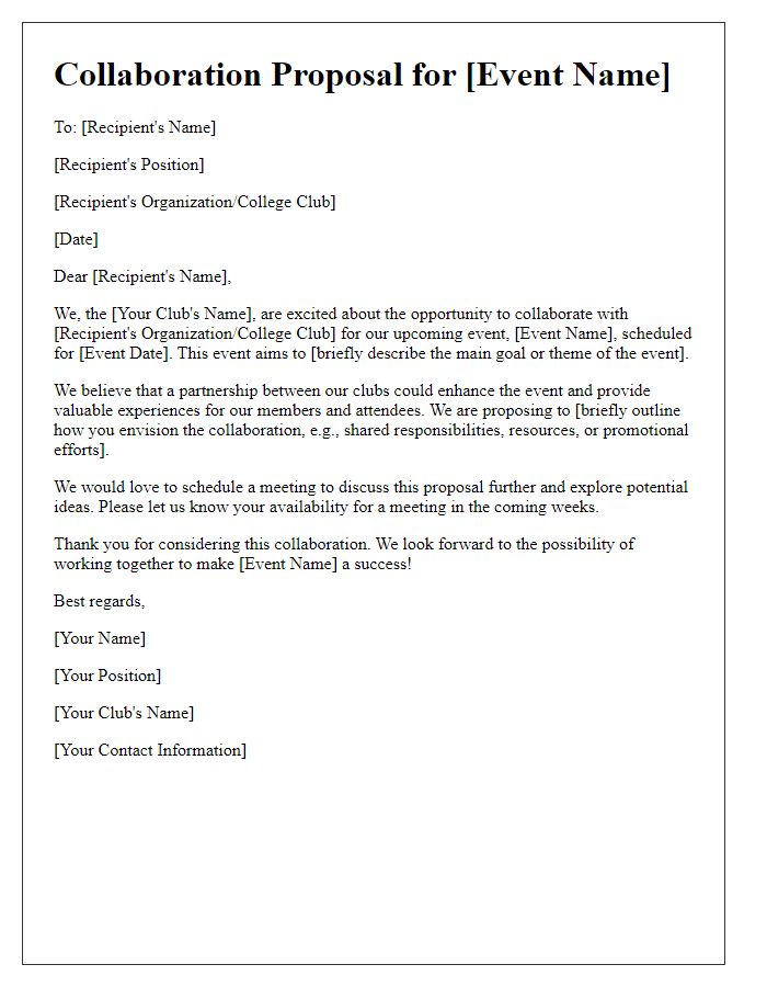 Letter template of a collaboration proposal for college club events.