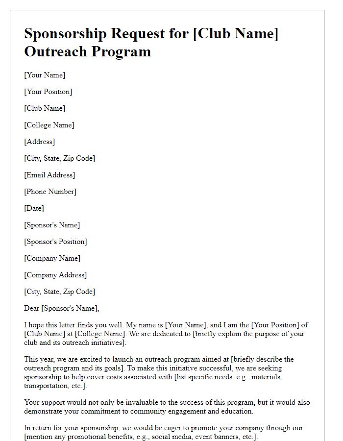 Letter template of a sponsorship letter for college club outreach programs.