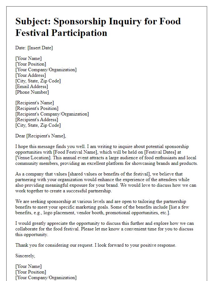 Letter template of sponsorship inquiry for food festival participation