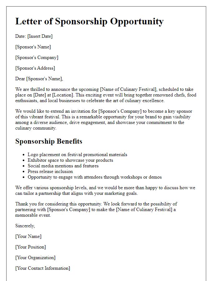 Letter template of sponsorship opportunity for culinary festival