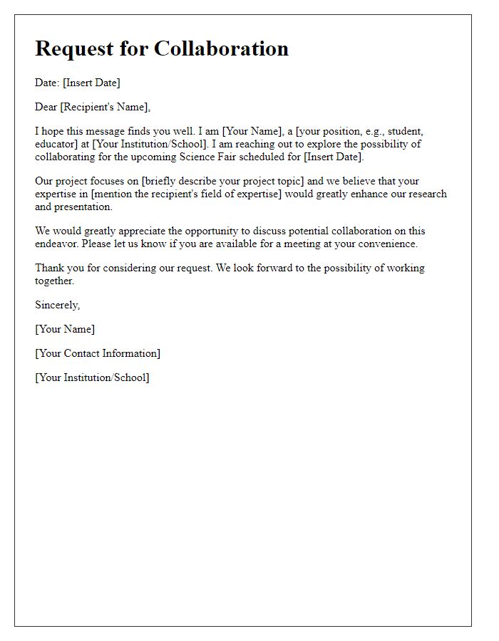 Letter template of science fair collaboration request