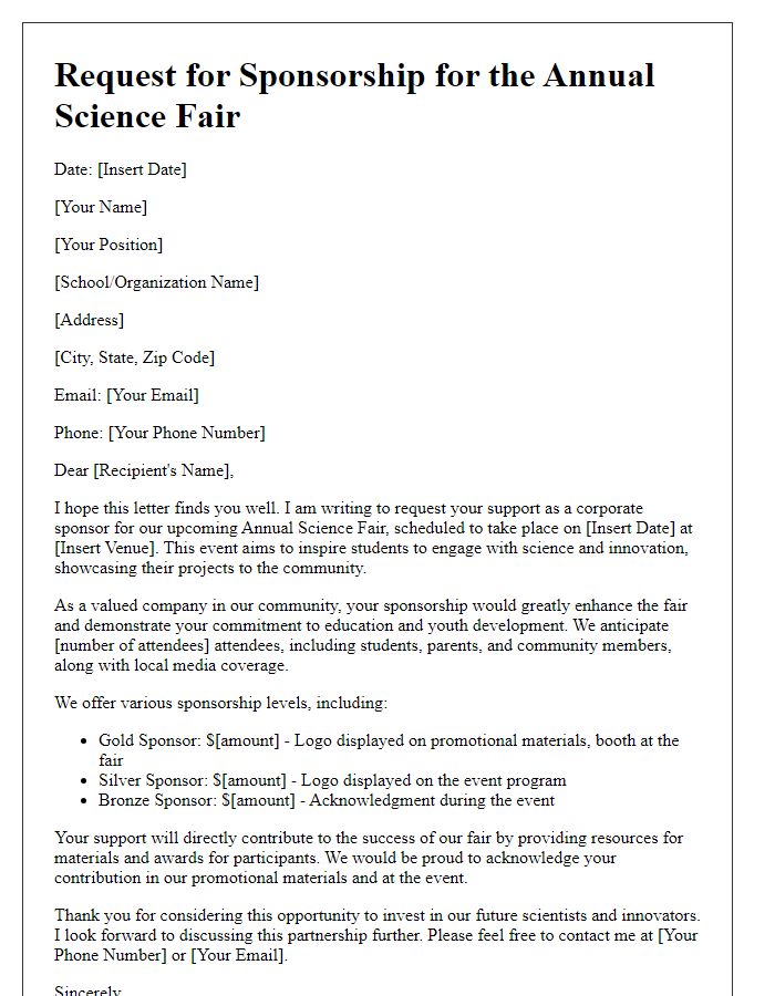 Letter template of science fair corporate sponsorship request