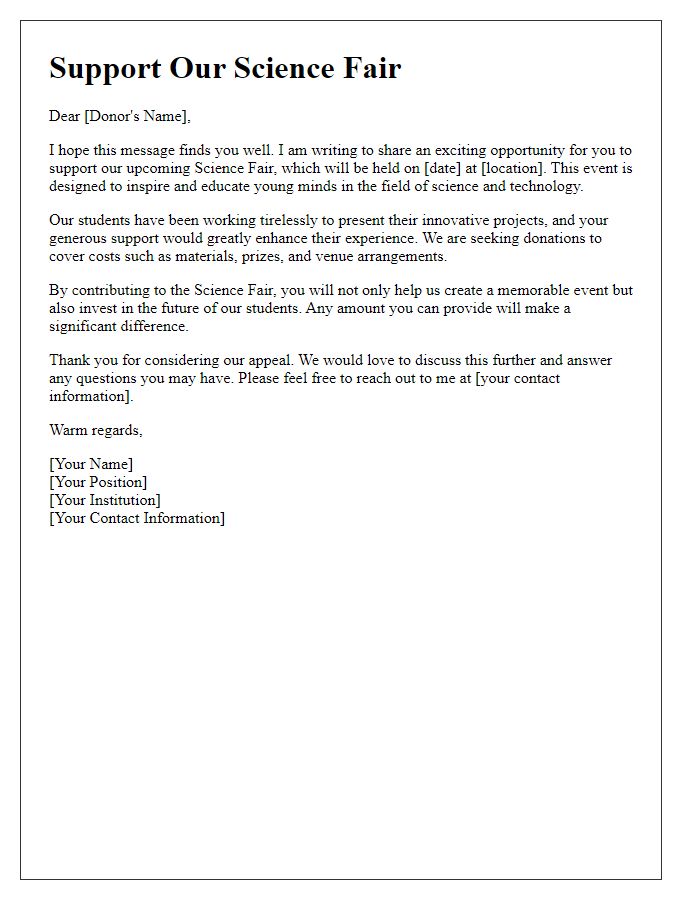 Letter template of science fair donor appeal