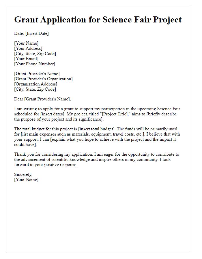 Letter template of science fair grant application